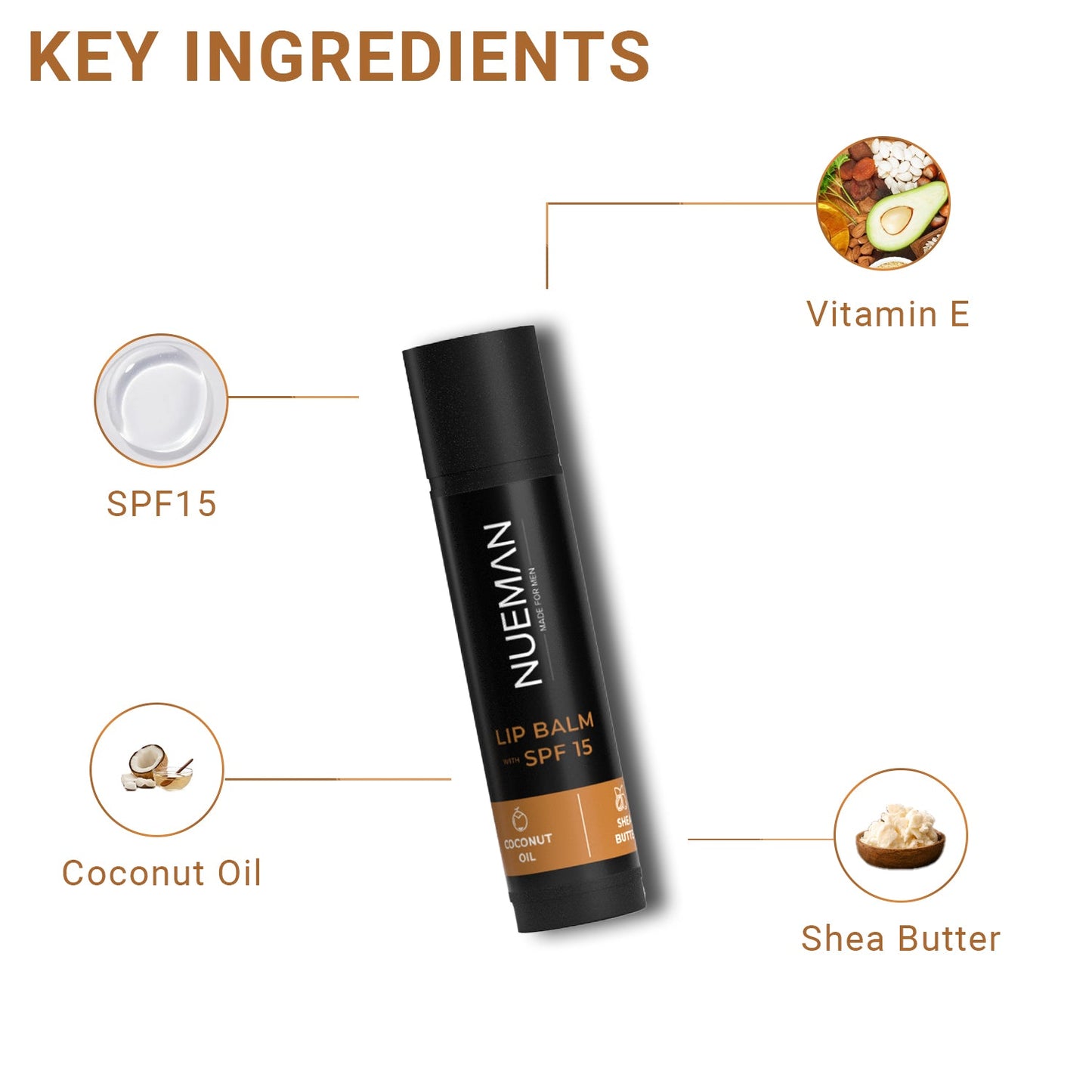 Natural oils and butters in Nueman men’s lip balm for soft lips
