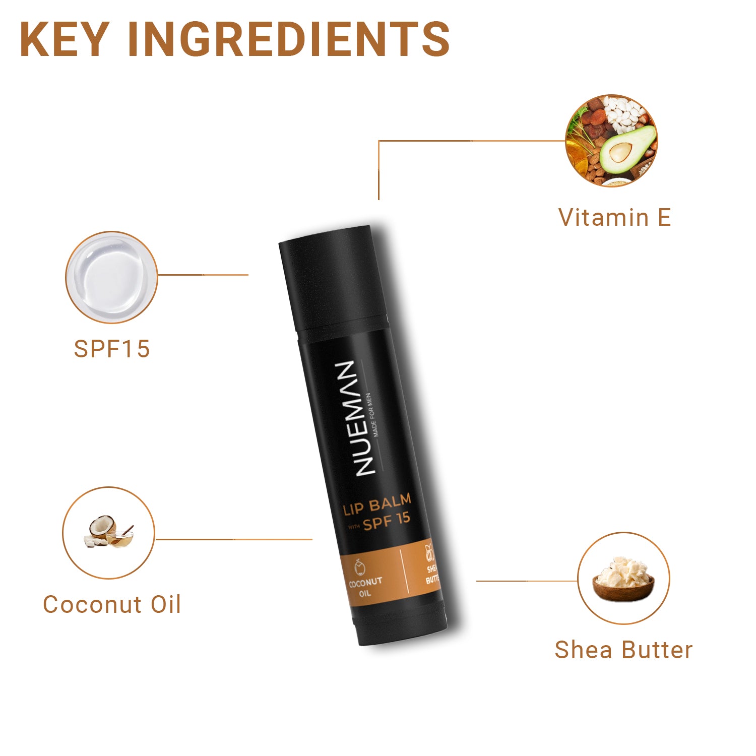 Natural oils and butters in Nueman men’s lip balm for soft lips